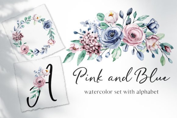 Pink and Blue Watercolor Flowers