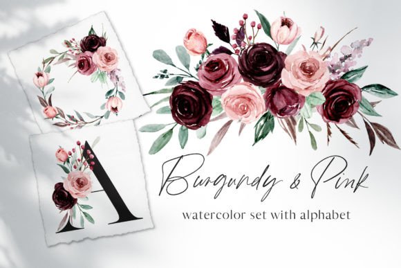 Watercolor Burgundy and Pink Flowers