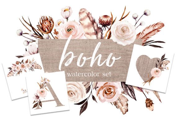 Watercolor Flowers Set Boho: A Versatile Design Resource for Creative Projects